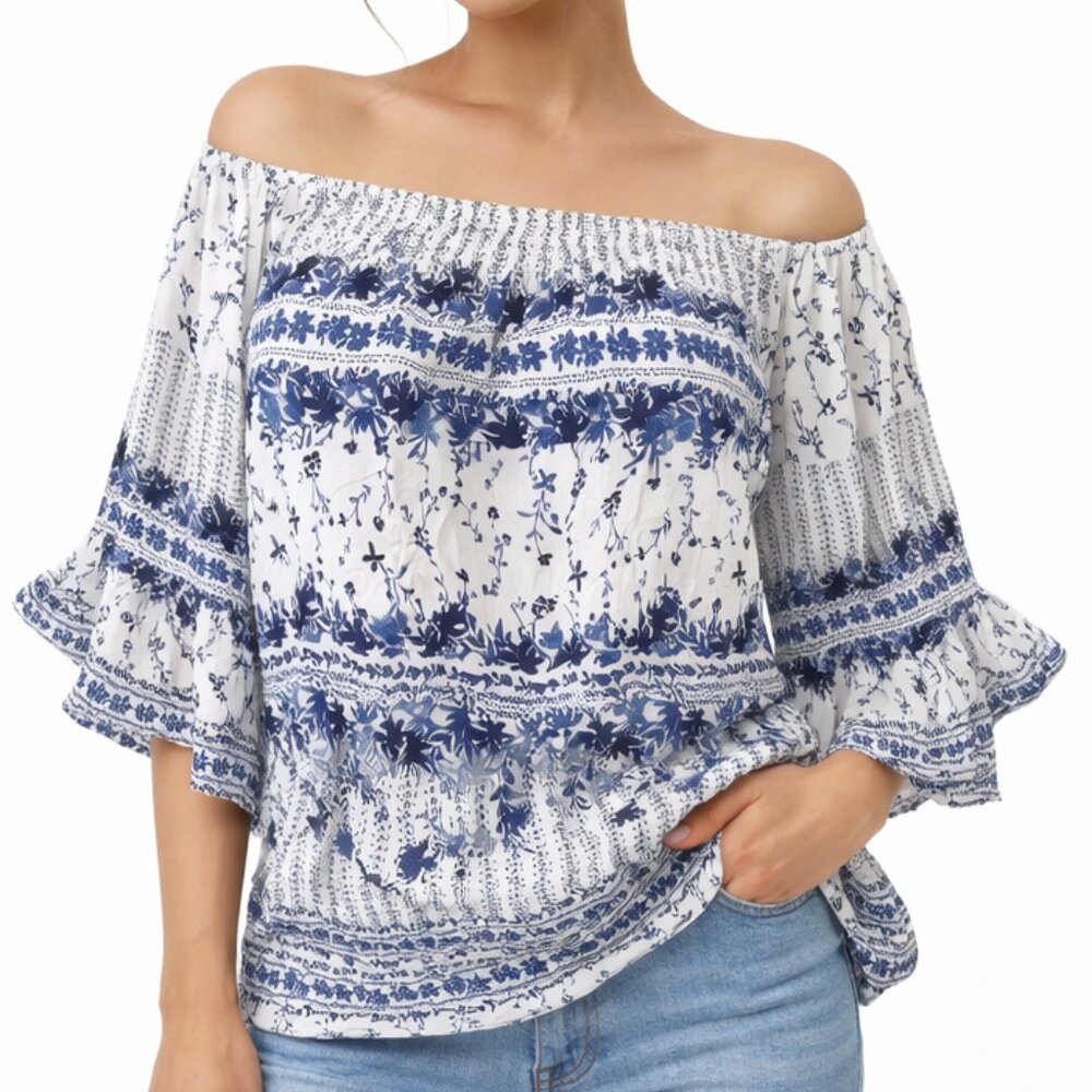 Unique Spectrum Peasant Blouse 1X White Blue Boho Off Shoulder Floral Rayon Top